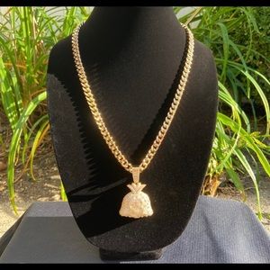 8mm 14 k Real Gold Cuban With Baguette Style Money Bag Charm